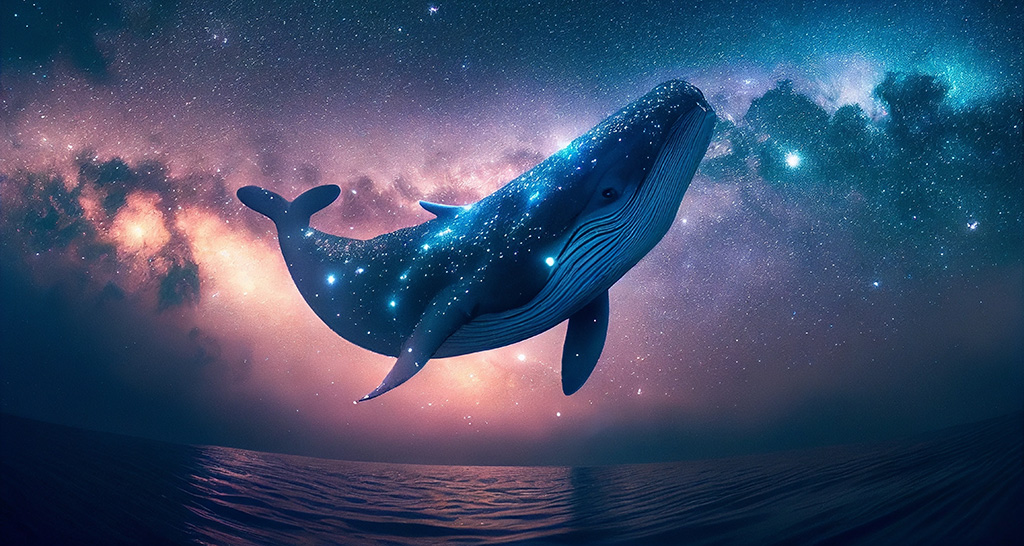 A cosmic space whale floating above the ocean.