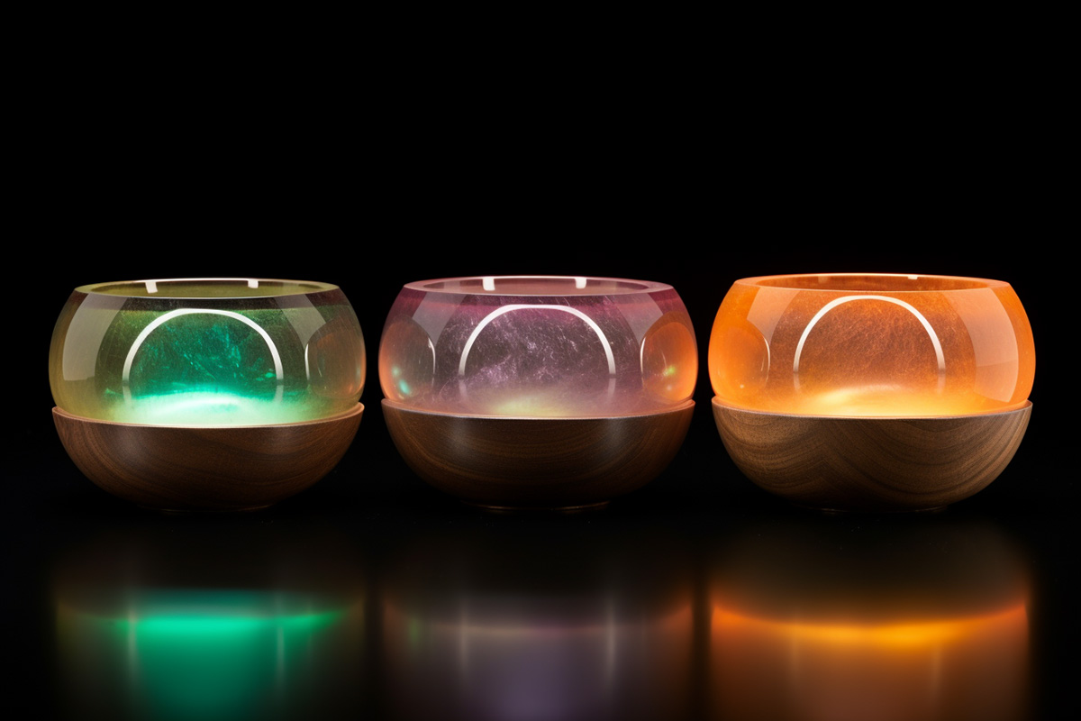 A trio set of colorful glass singing bowls that are fashioned with handmade wooden basins.