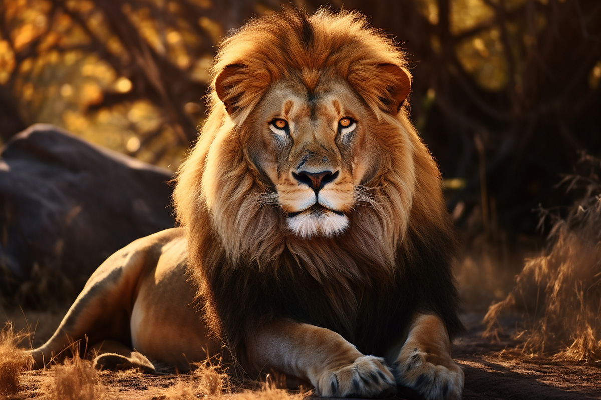 A male lion outdoors and lying down at rest, close to sunset.