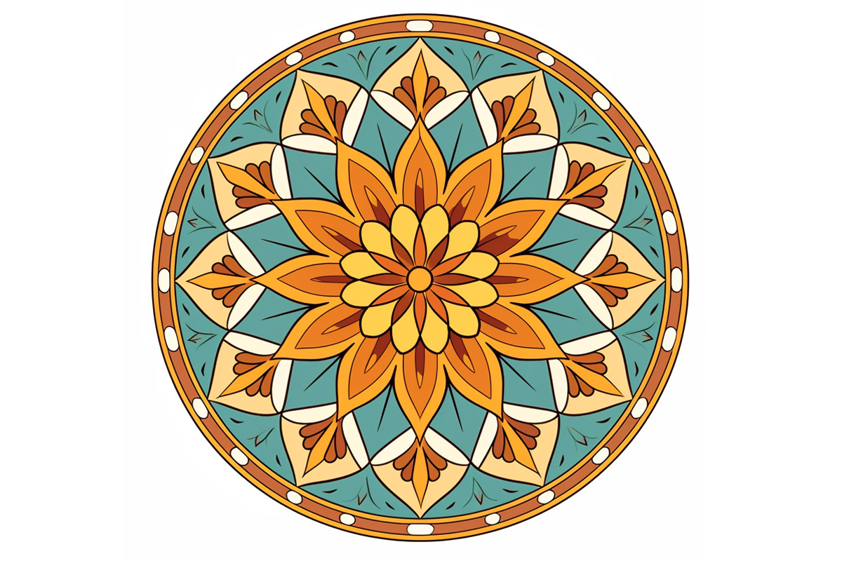 A circular mandala for Kusala Healing featuring the colors of teal, orange, and tuscany.