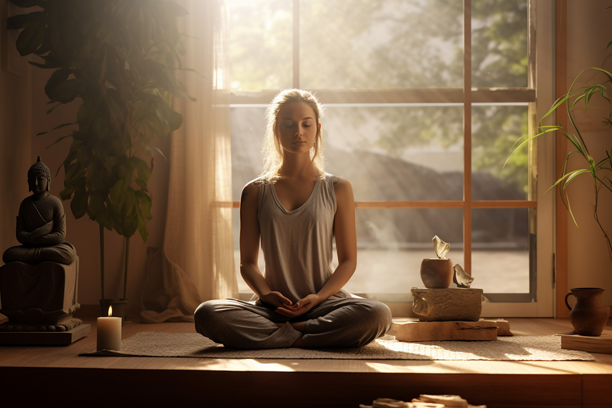 A young woman in meditation at a home sacred space.