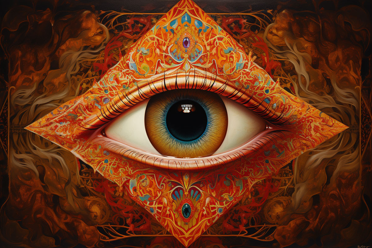 A relaxed woman's third eye staring at the viewer.