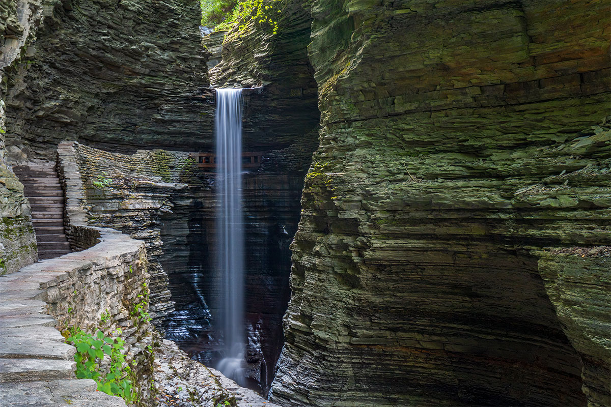 A view of Cascade Falls over Gorge Trail at Watkins Glen State Park.