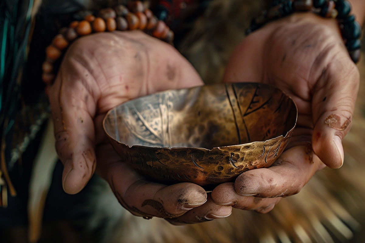 A pair of old, worn hands holding a small, hand-hammered metal bowl.