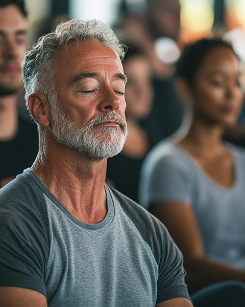 A retired veteran practicing meditation with other veterans and the Warriors at Ease and Kusala Healing Arts in Mooresville, NC.